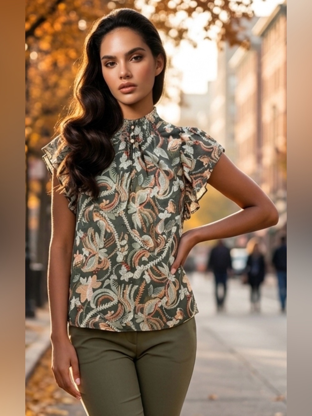 Joie Olive Floral Smocked Flutter Sleeve Gold Flecks Blouse